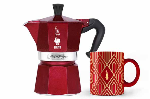 [0009901] Bialetti Moka Express 3 tassen deco glamour rood + 1 mug